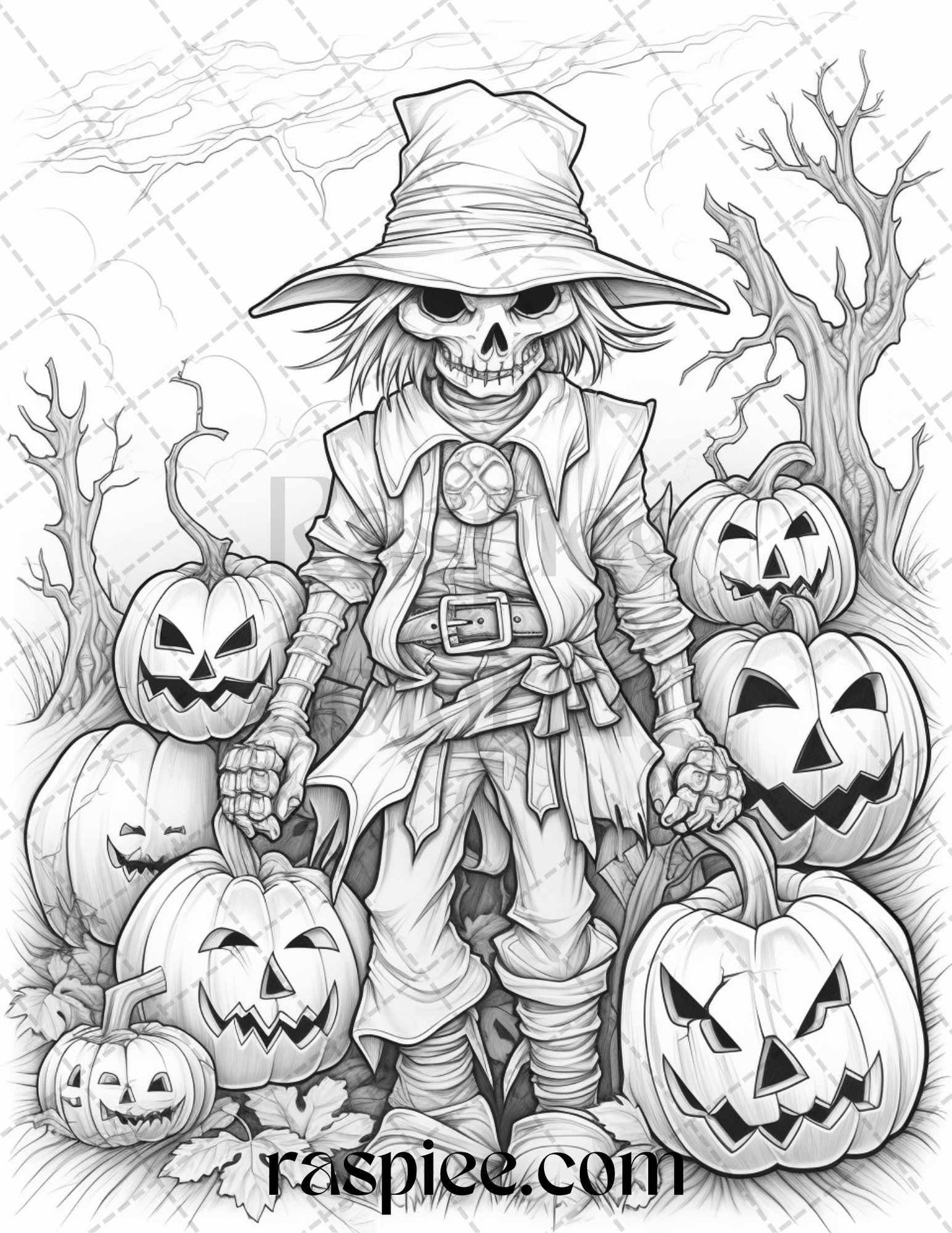 50 Halloween Scarecrows Grayscale Coloring Pages Printable for Adults, PDF File Instant Download