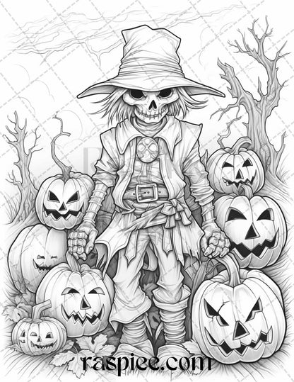 50 Halloween Scarecrows Grayscale Coloring Pages Printable for Adults, PDF File Instant Download