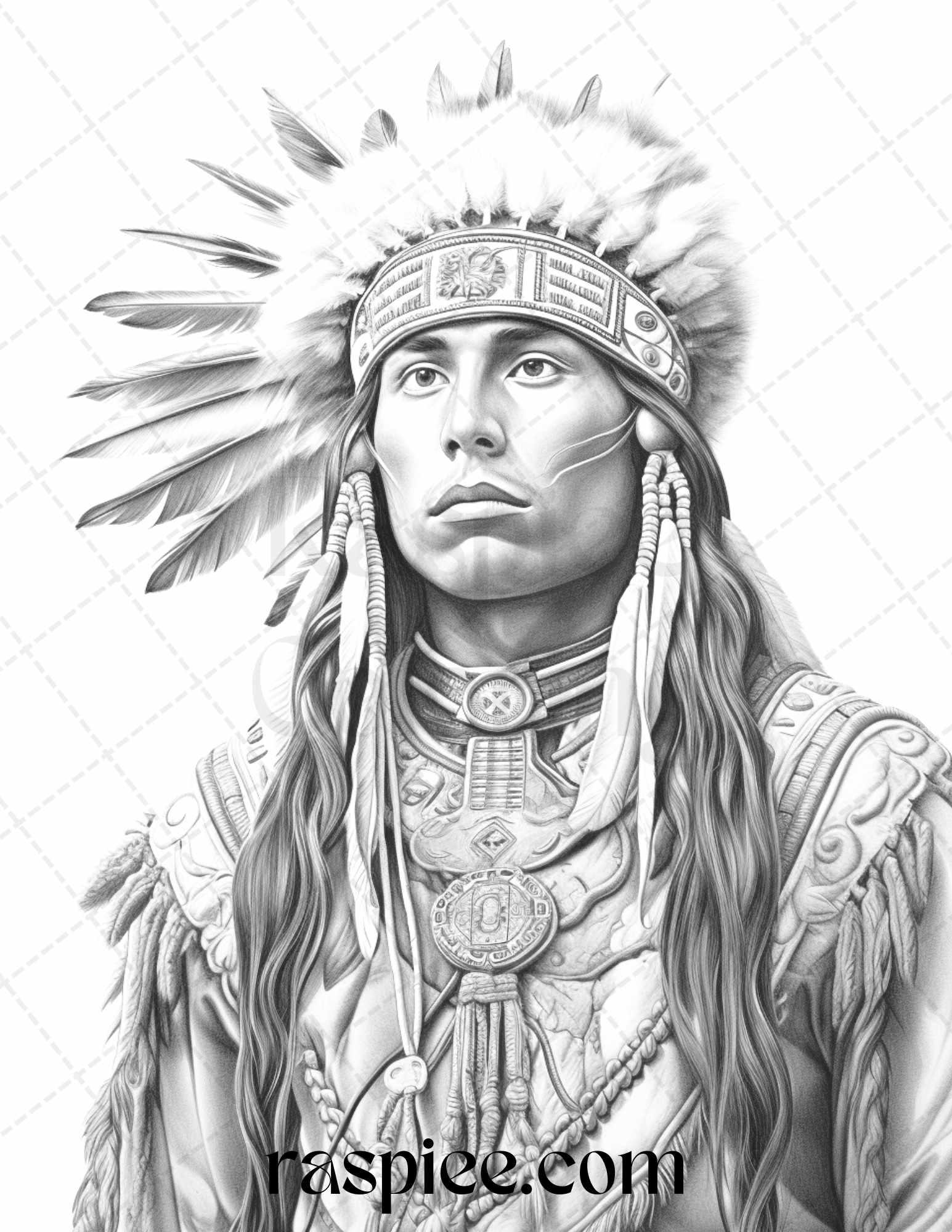 Native American Portrait Grayscale Coloring Pages Printable for Adults, PDF File Instant Download