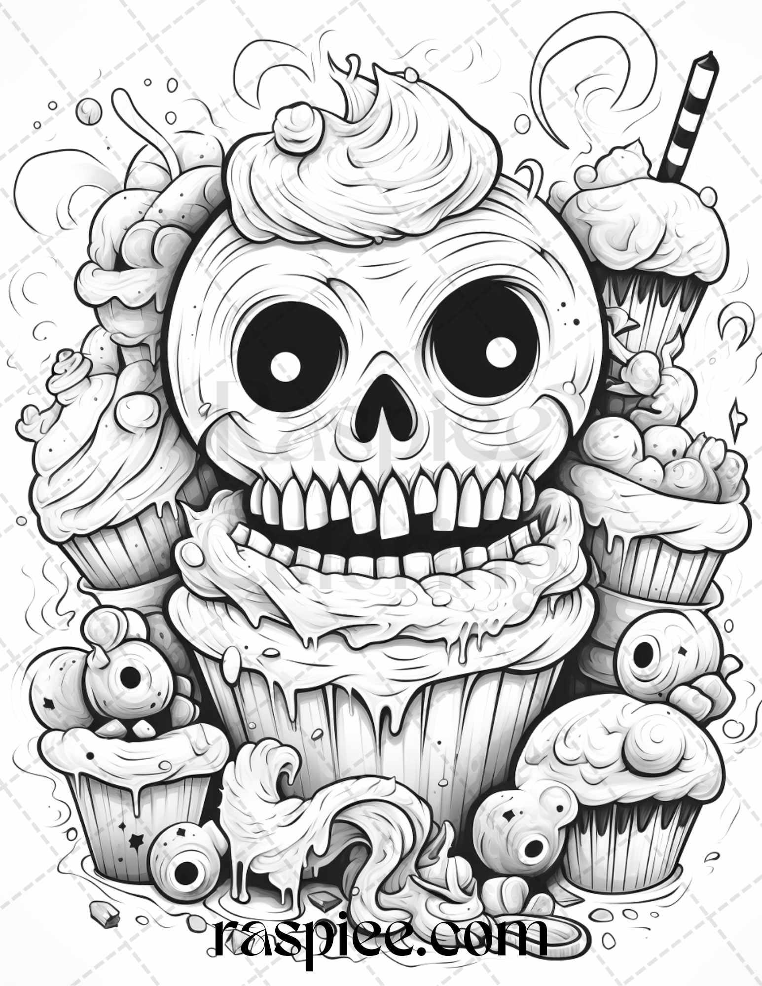 68 Halloween Spooky Desserts Grayscale Coloring Pages Printable for Adults, PDF File Instant Download