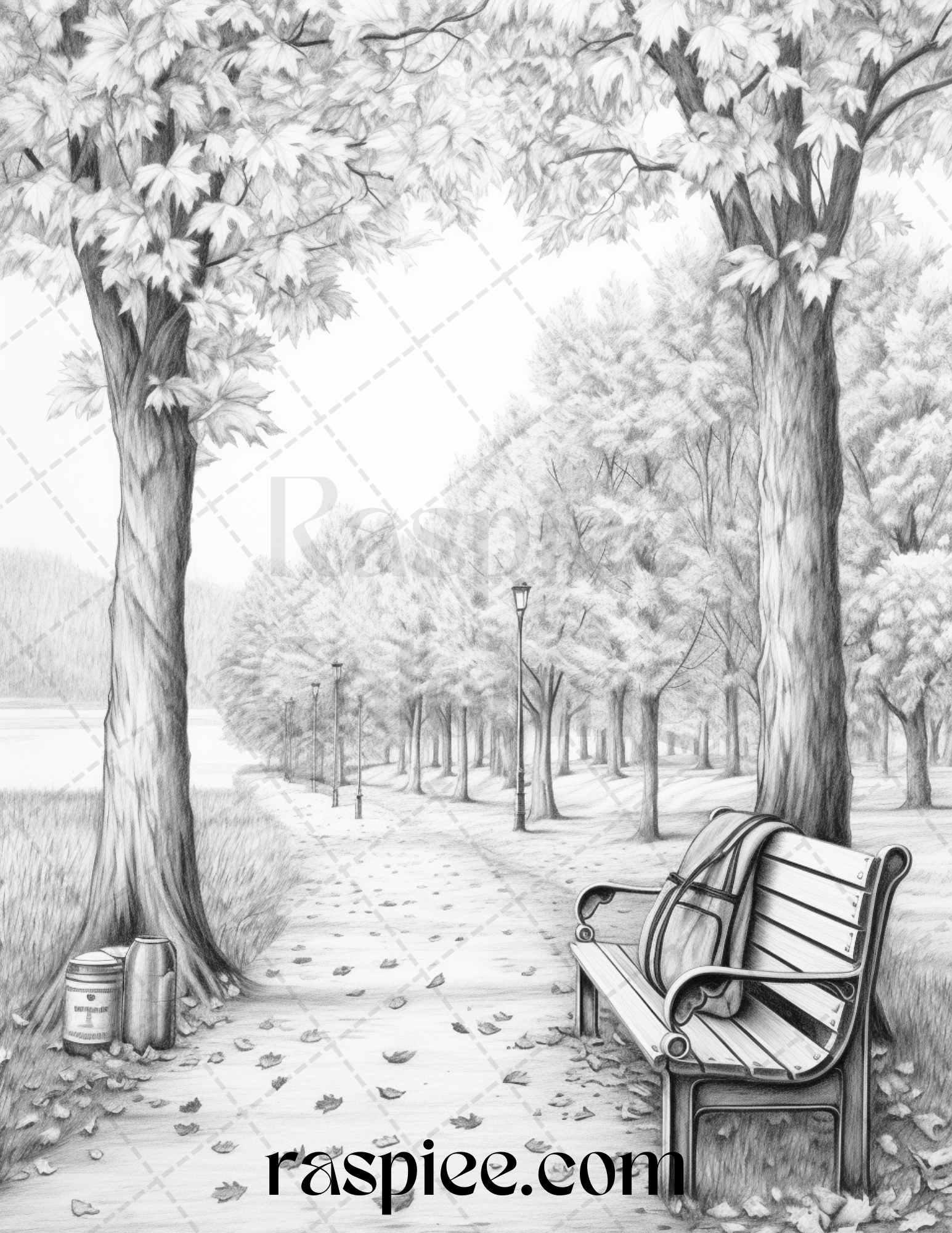 Autumn Scenery Grayscale Coloring Pages Printable for Adults, PDF File Instant Download