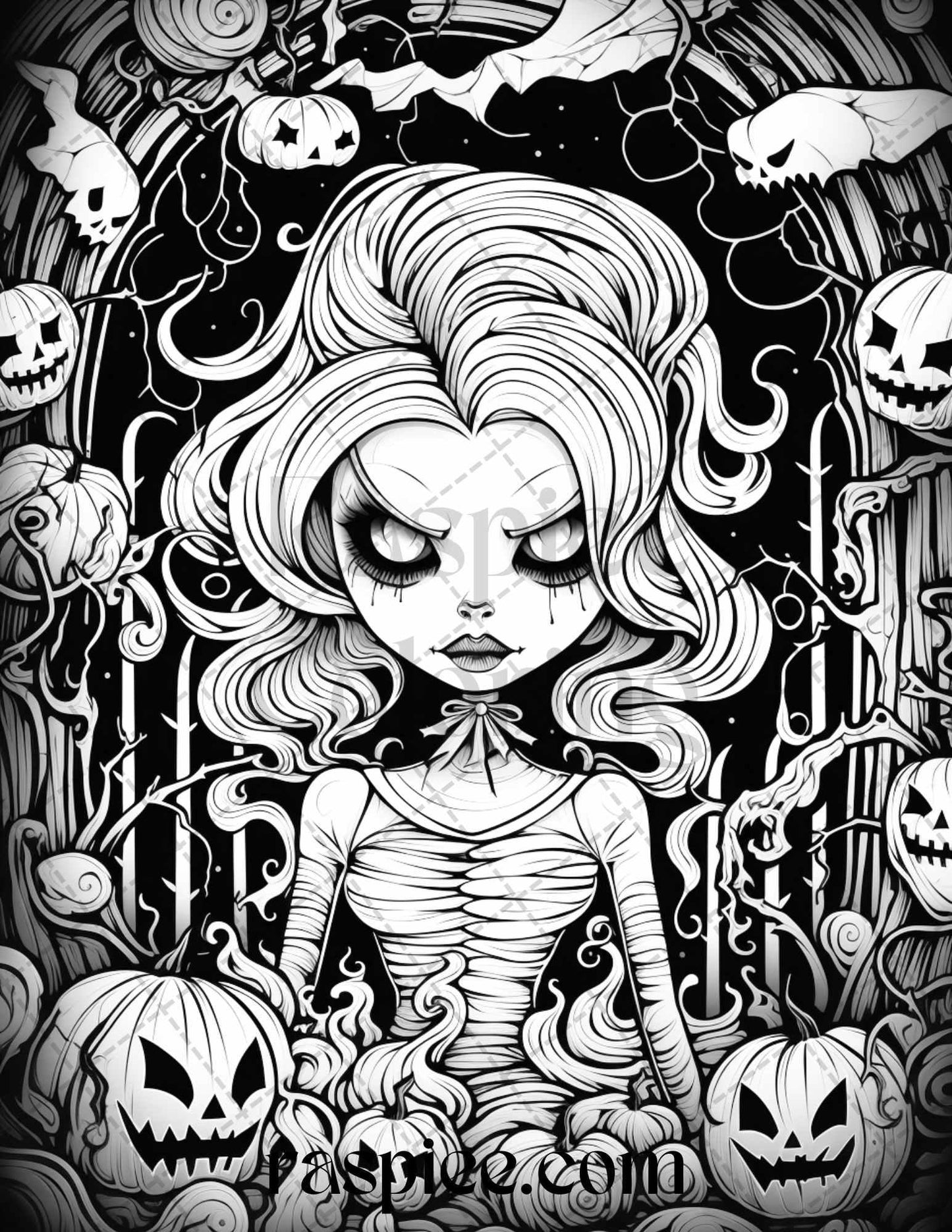 50 Spooky Miss Nightmare Grayscale Coloring Pages Printable for Adults, PDF File Instant Download
