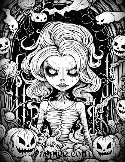 50 Spooky Miss Nightmare Grayscale Coloring Pages Printable for Adults, PDF File Instant Download