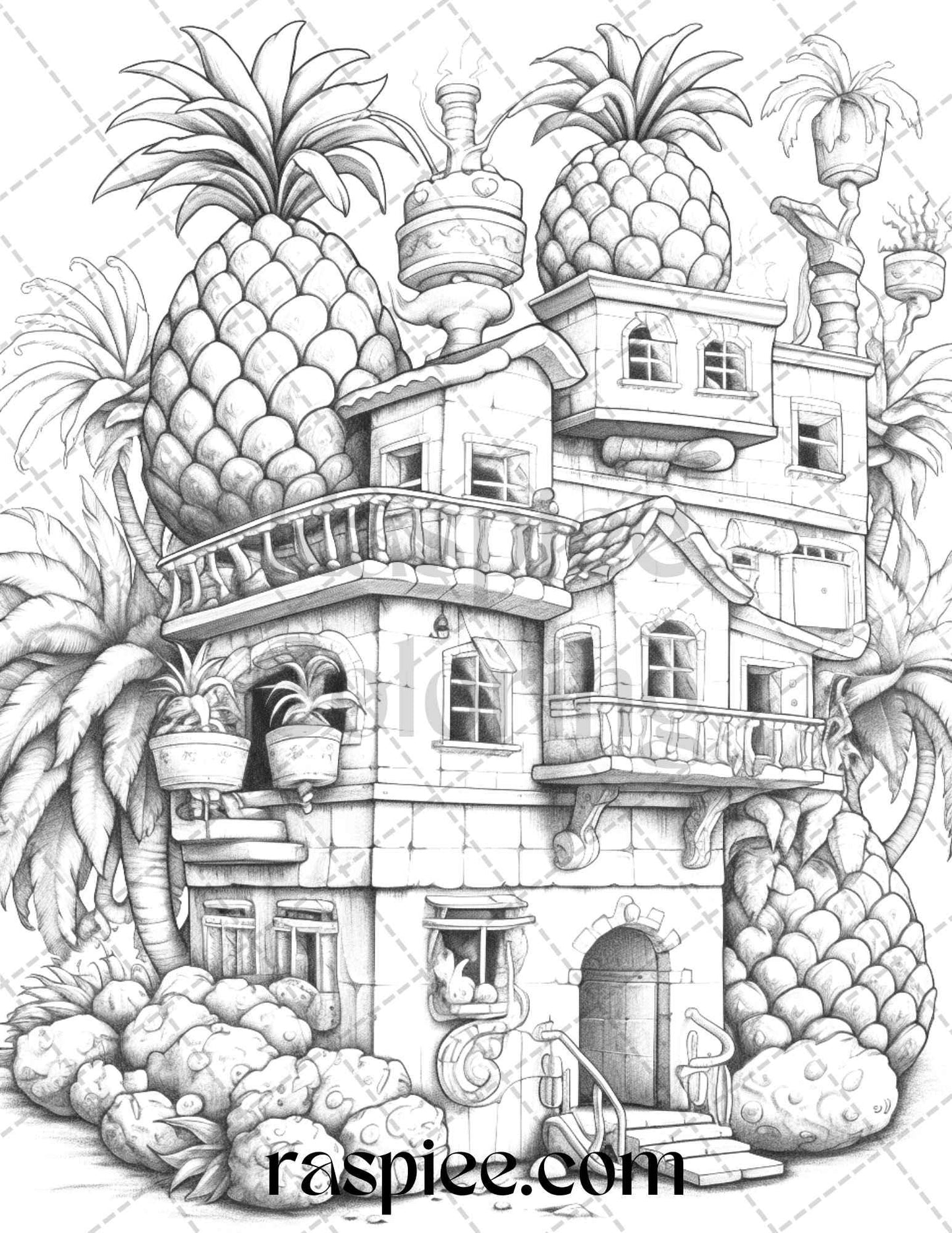 50 Pineapple Houses Grayscale Coloring Pages Printable for Adults, PDF File Instant Download