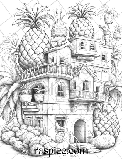 50 Pineapple Houses Grayscale Coloring Pages Printable for Adults, PDF File Instant Download