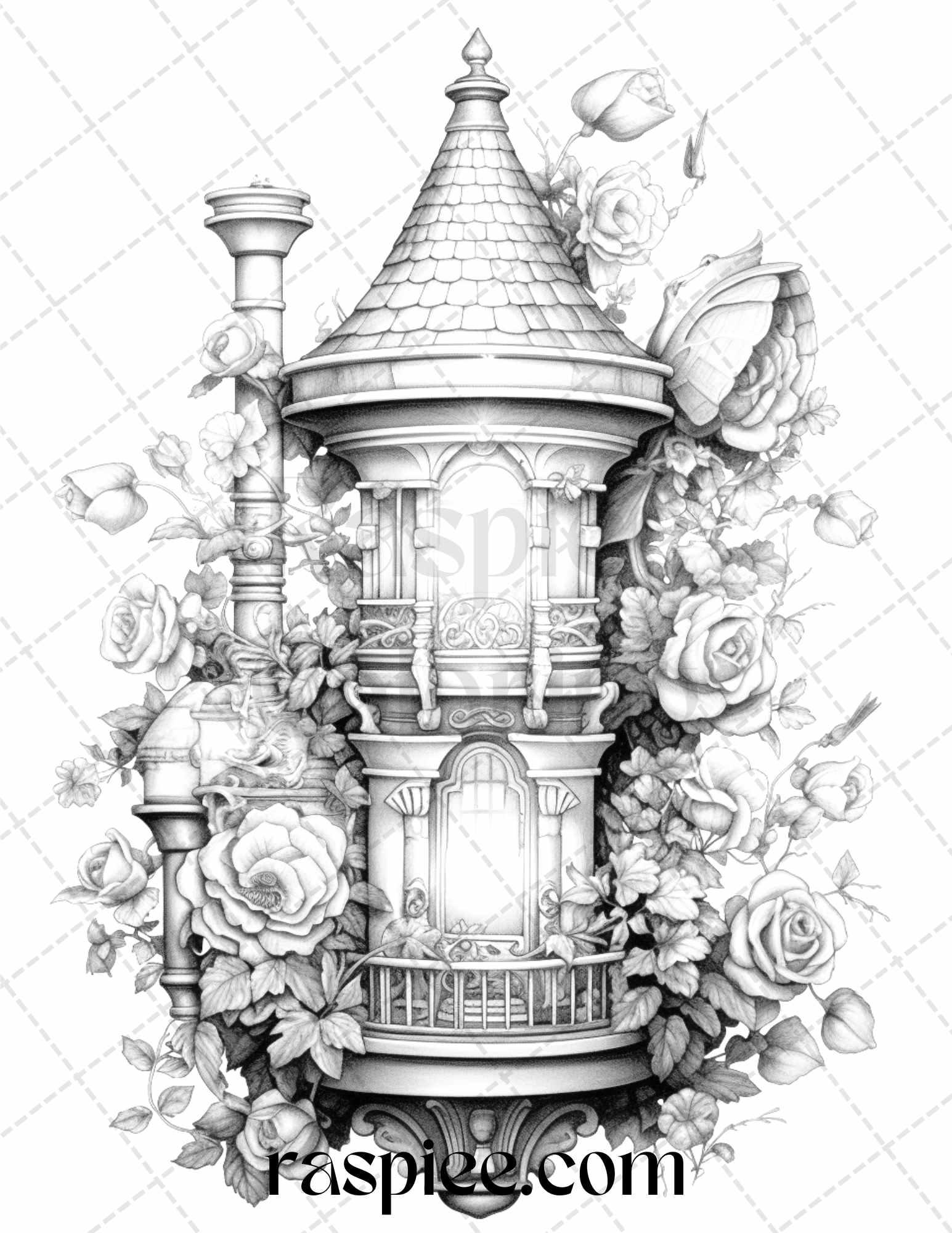 50 Lantern Fairy Houses Grayscale Coloring Pages Printable for Adults, PDF File Instant Download