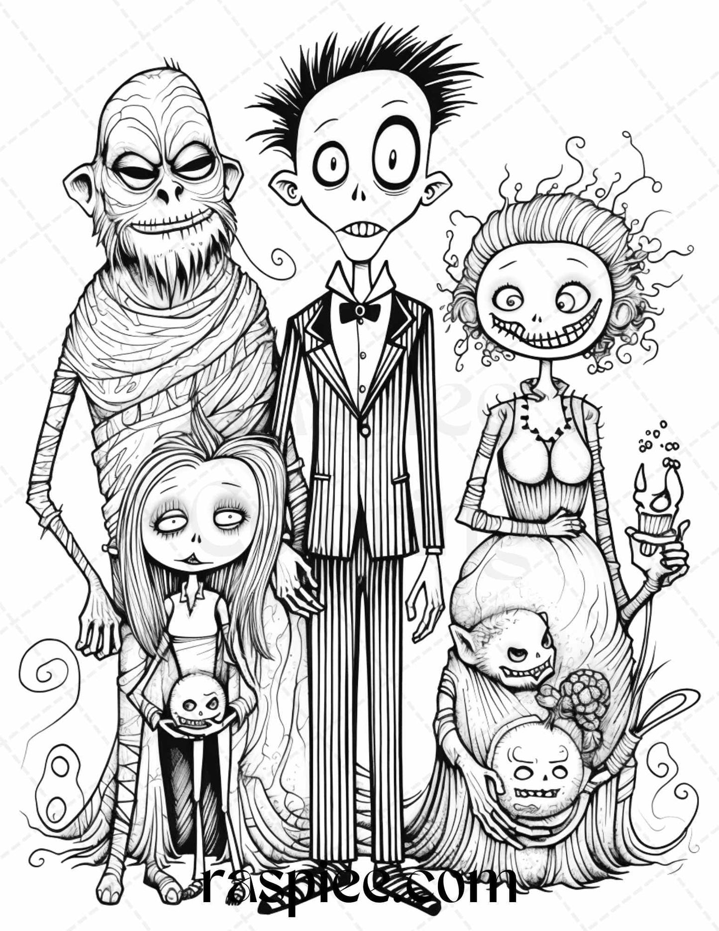 50 Monster Family Grayscale Coloring Pages Printable for Adults - Instant Download, Halloween Coloring Book, Fun and Spooky Designs
