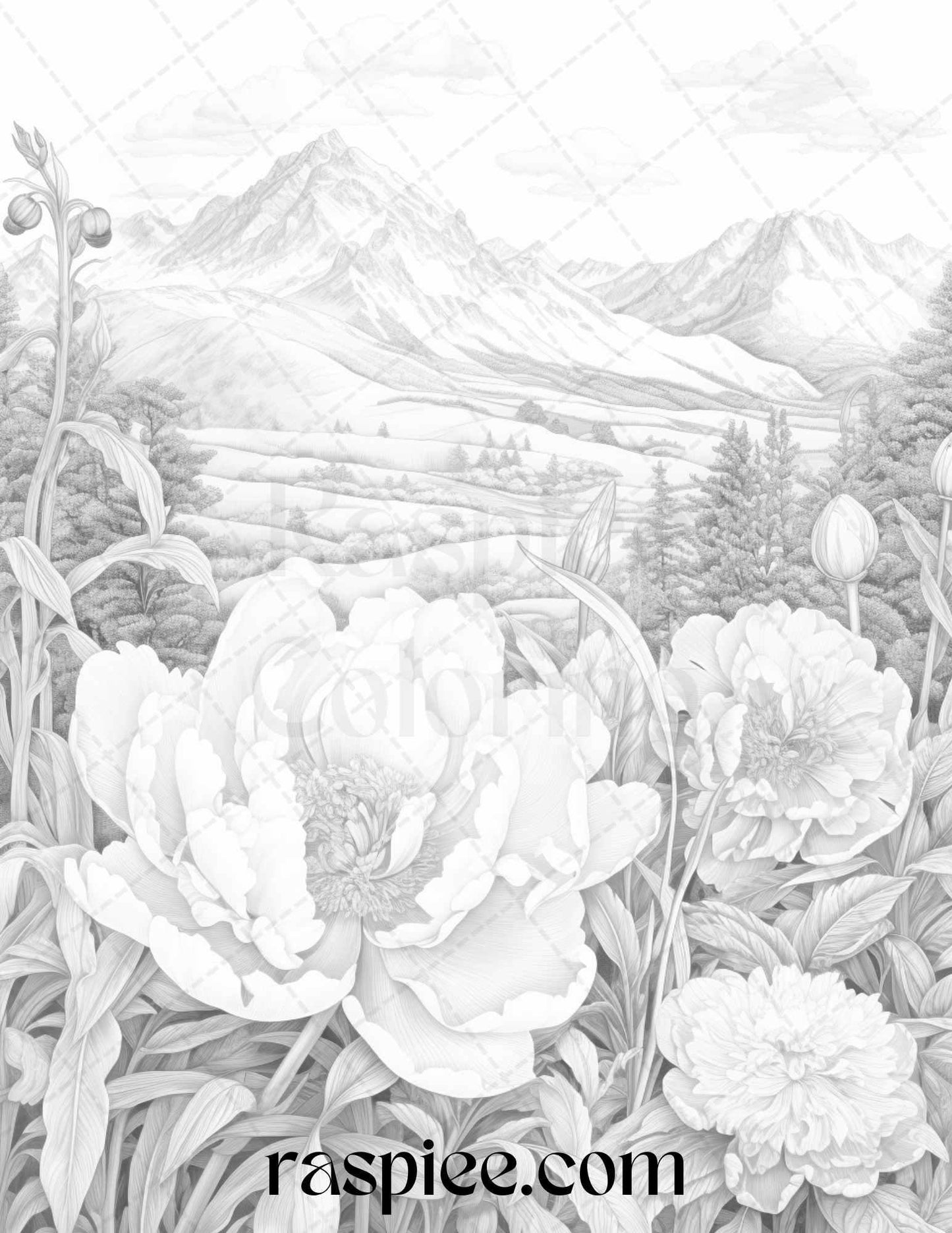 60 Mountain Flower Landscapes Grayscale Coloring Pages Printable for Adults, PDF File Instant Download