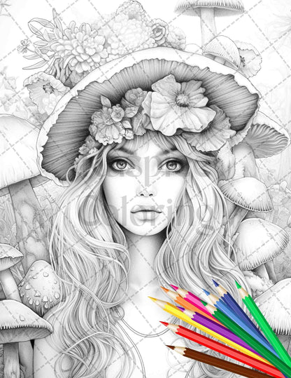 50 Mushroom Fairy Grayscale Coloring Pages Printable for Adults, PDF File Instant Download