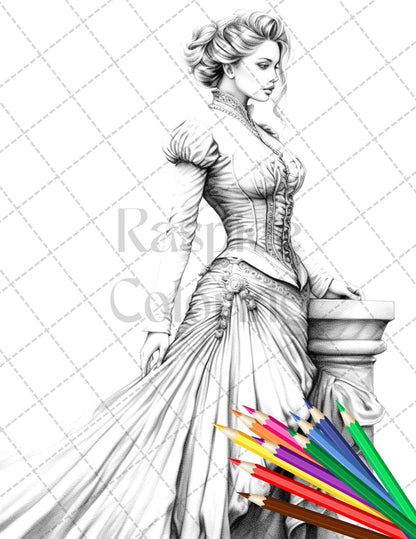 50 Victorian Fashion Grayscale Coloring Pages Printable for Adults, PDF File Instant Download