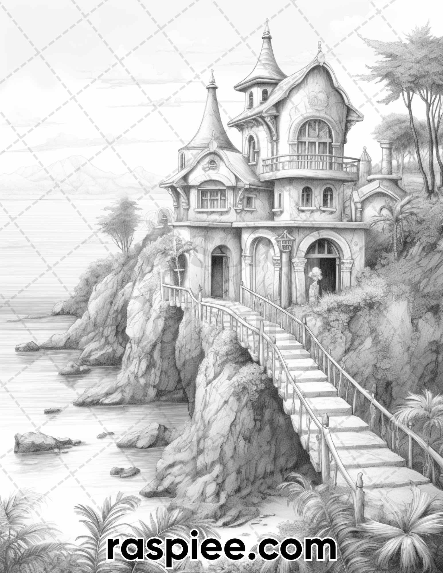 50 Fairy Beach Houses Grayscale Coloring Pages for Adults, Printable PDF Instant Download
