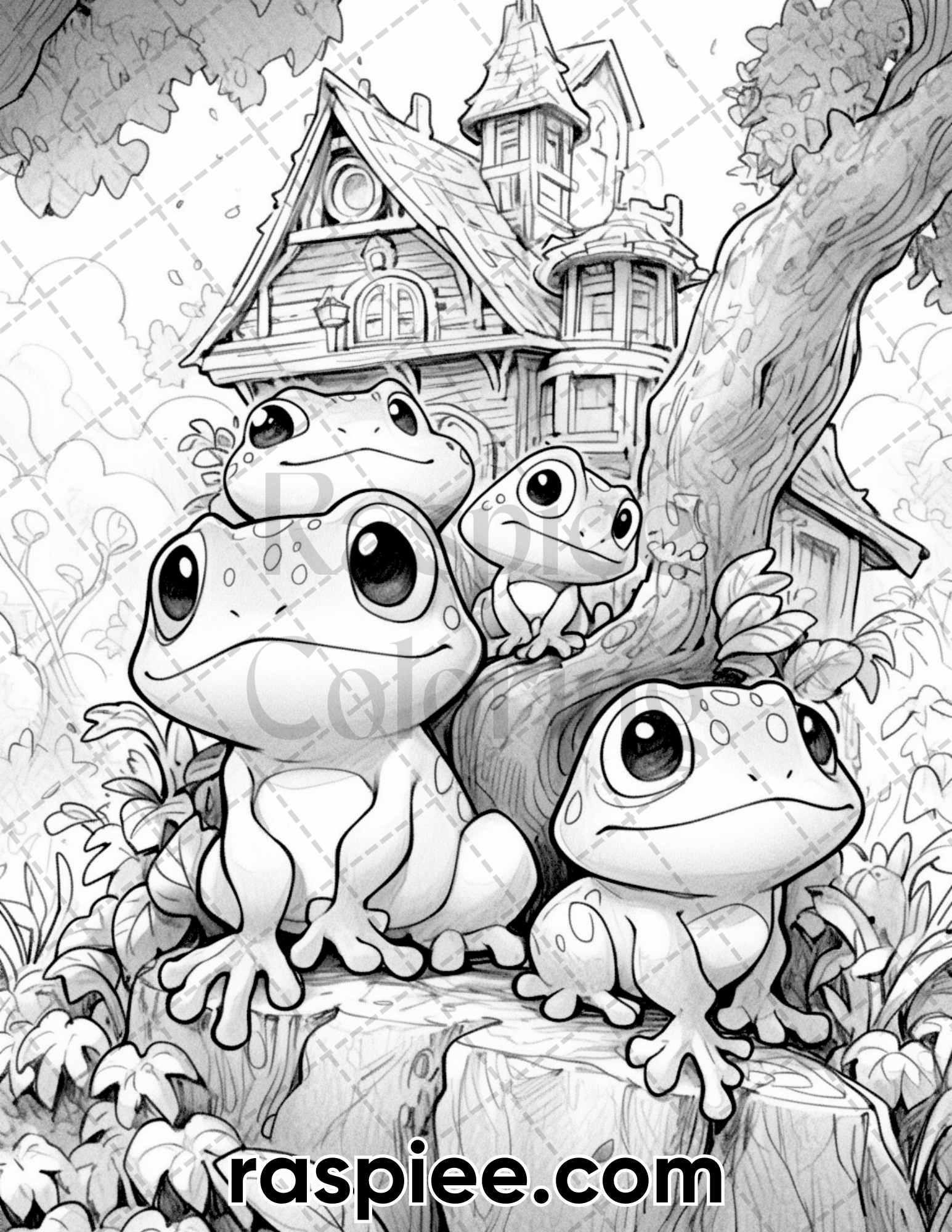 50 The Frog Kingdom Grayscale Coloring Pages for Adults, Printable PDF Instant Download