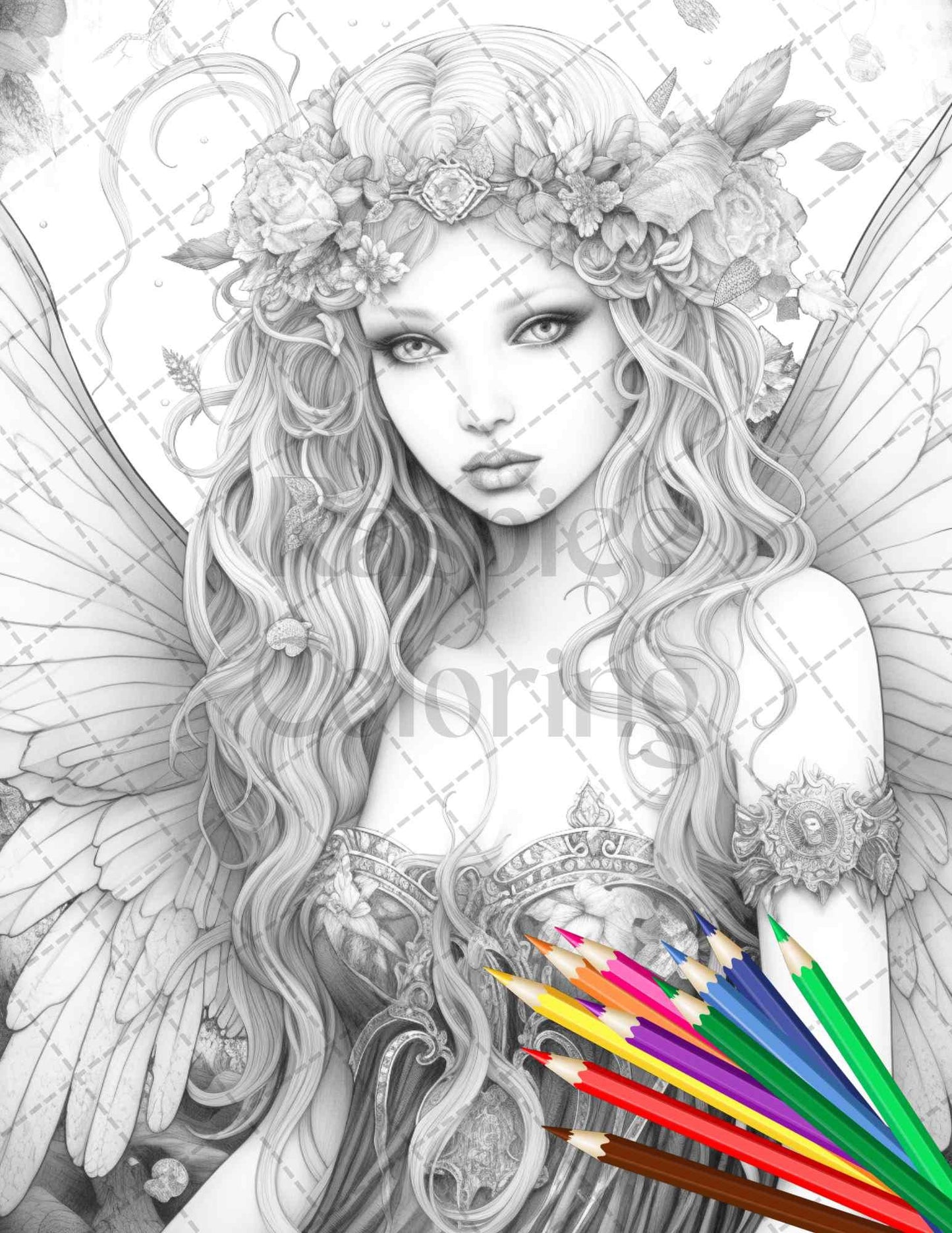 Beautiful Dark Fairy Grayscale Coloring Pages Printable for Adults, PDF File Instant Download