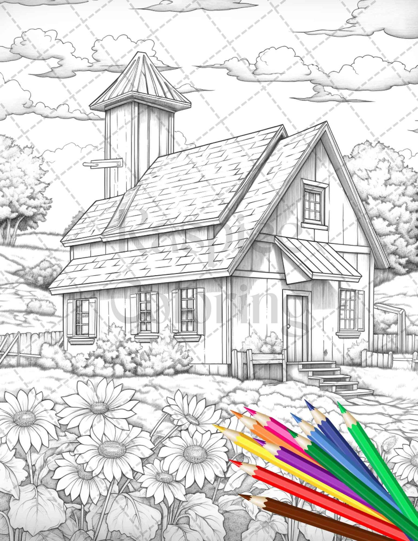 Charming Farmhouse Scenery Grayscale Coloring Pages Printable for Adults, PDF File Instant Download