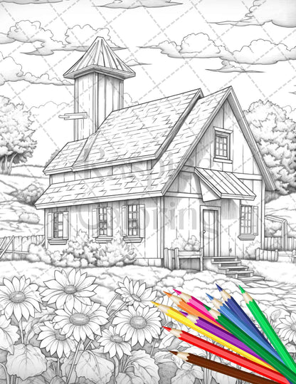 Charming Farmhouse Scenery Grayscale Coloring Pages Printable for Adults, PDF File Instant Download