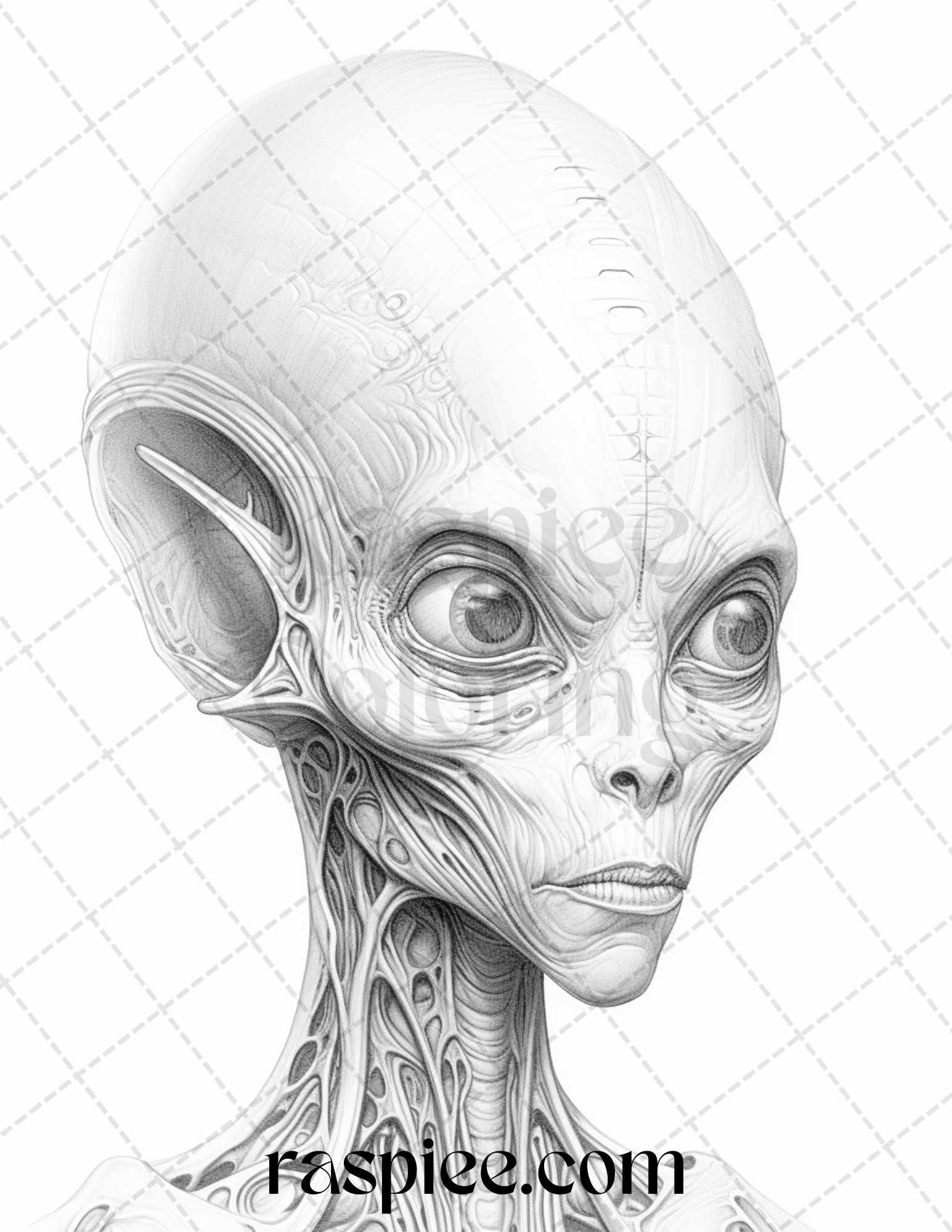 65 Alien Portrait Grayscale Coloring Pages for Adults, Printable PDF File Instant Download