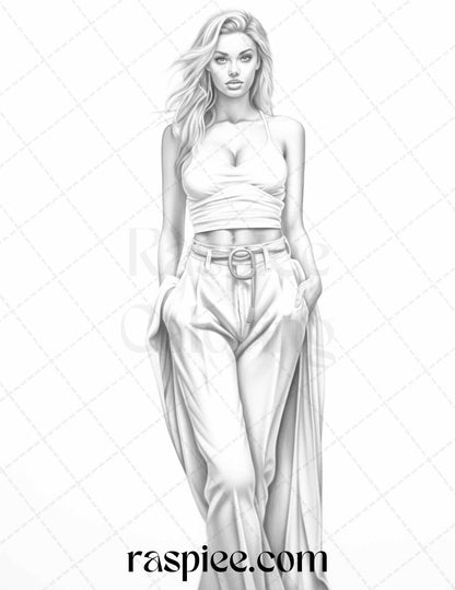 Fashion Show Grayscale Coloring Pages Printable for Adults, PDF File Instant Download