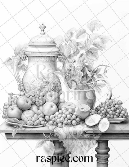 52 Still Life Grayscale Coloring Pages Printable for Adults, PDF File Instant Download
