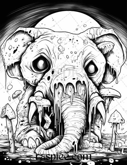 50 Halloween Scary Animals Grayscale Coloring Pages Printable for Adults, PDF File Instant Download