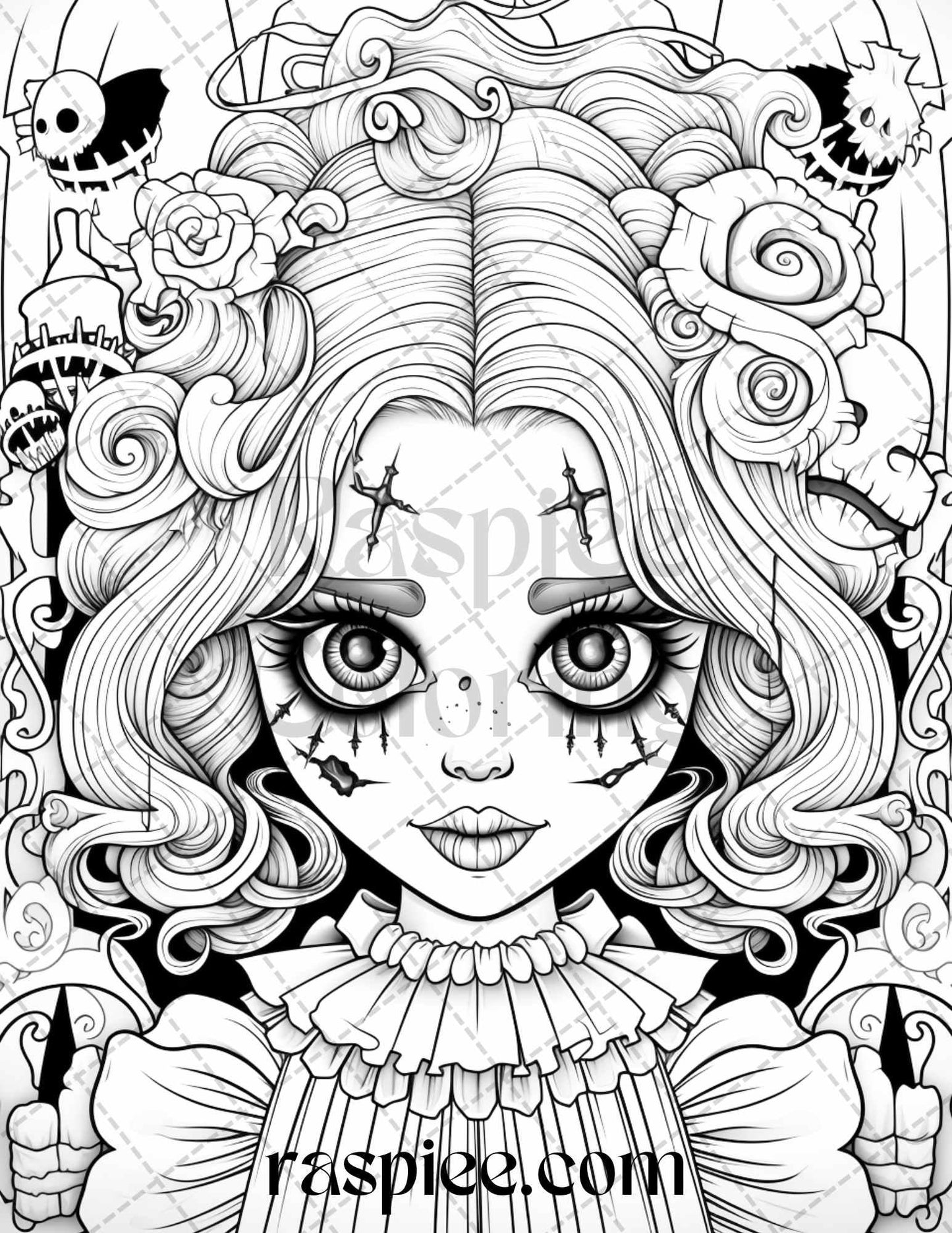50 Spooky Miss Nightmare Grayscale Coloring Pages Printable for Adults, PDF File Instant Download