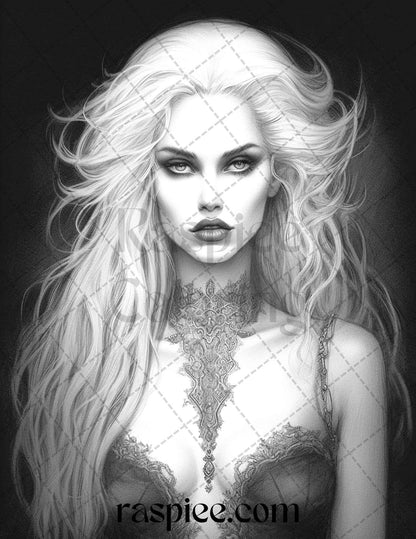 Bewitching Vampires Grayscale Coloring Pages Printable for Adults, PDF File Instant Download