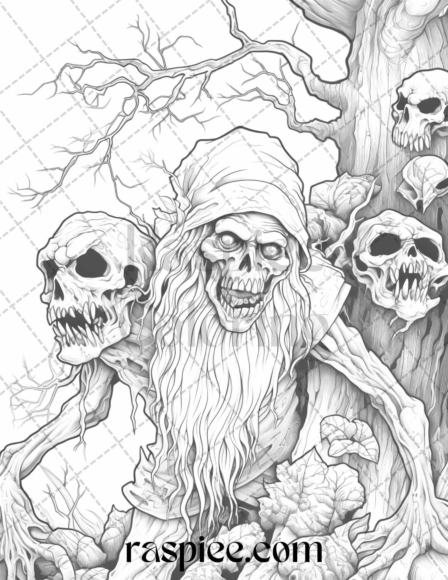 50 Horror Zombie Gnomes Grayscale Coloring Pages Printable for Adults, PDF File Instant Download
