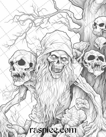 50 Horror Zombie Gnomes Grayscale Coloring Pages Printable for Adults, PDF File Instant Download