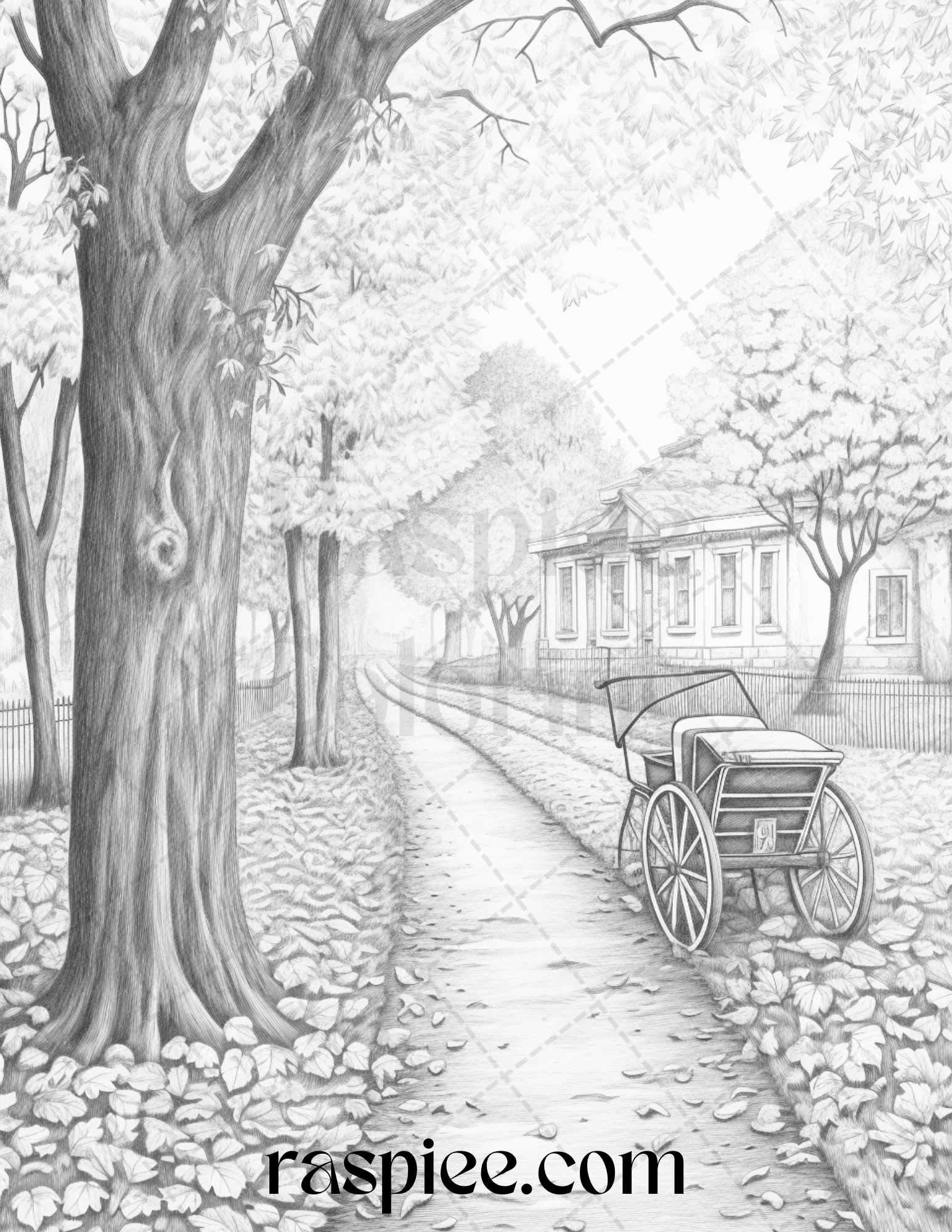 Autumn Scenery Grayscale Coloring Pages Printable for Adults, PDF File Instant Download