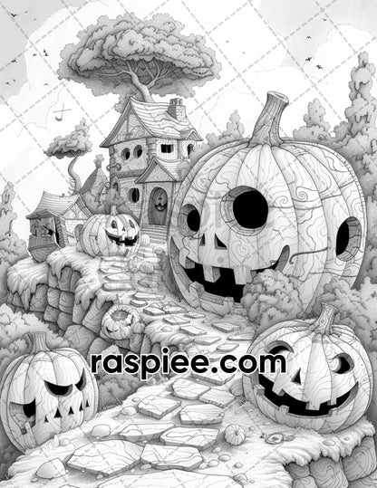 65 Fantasy Pumpkin Village Grayscale Adult Coloring Pages, Printable PDF Instant Download