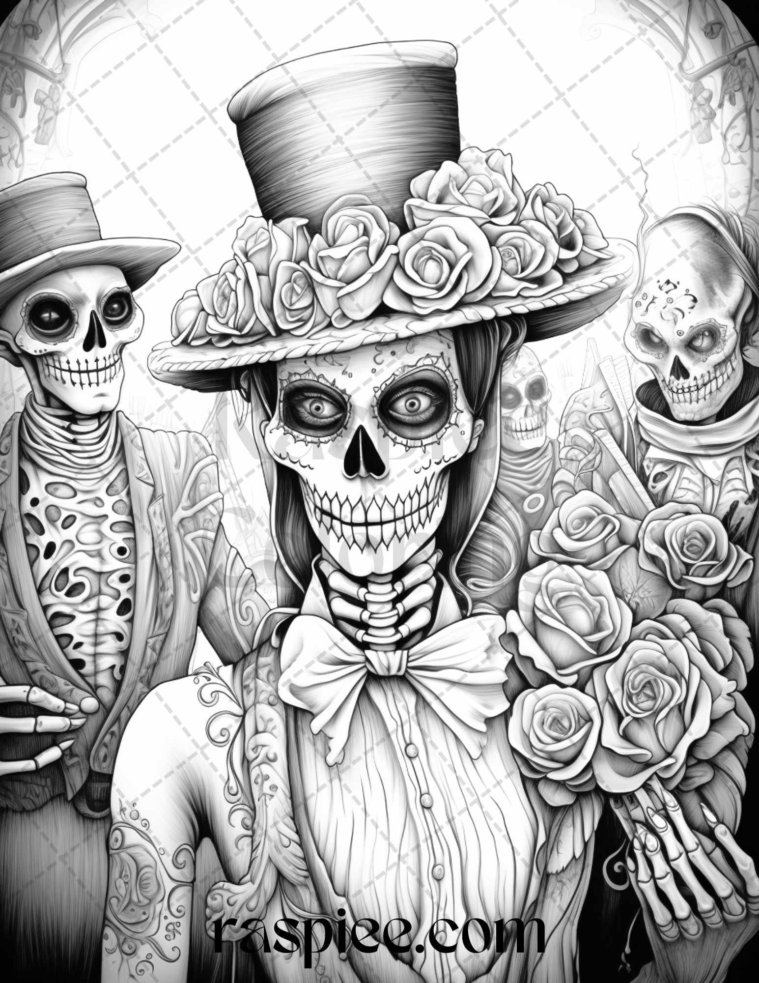 50 Day of the Dead Grayscale Coloring Pages Printable for Adults, PDF File Instant Download