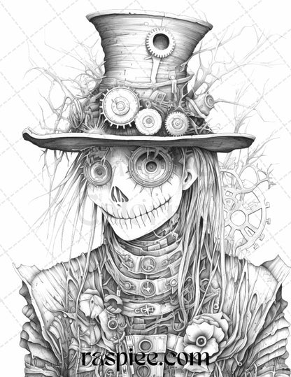 53 Scary Steampunk Scarecrows Grayscale Coloring Pages Printable for Adults, PDF File Instant Download