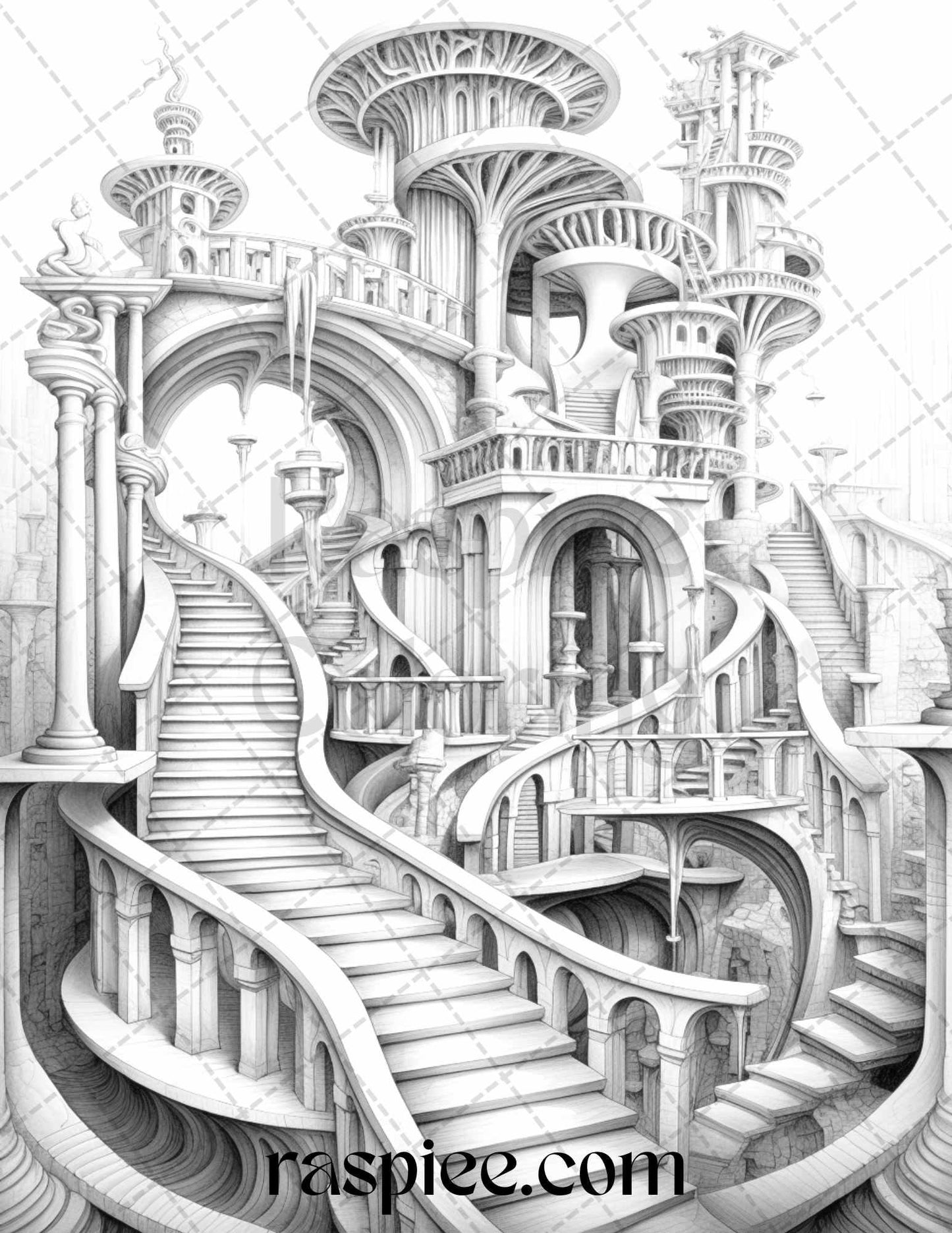 60 Enchanting Surrealism Grayscale Coloring Pages Printable for Adults, PDF File Instant Download
