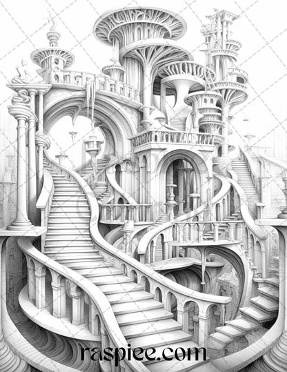 60 Enchanting Surrealism Grayscale Coloring Pages Printable for Adults, PDF File Instant Download