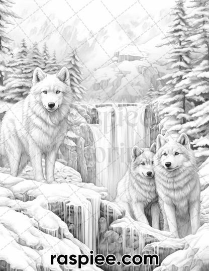 50 Winter Wolf Grayscale Coloring Pages for Adults, Printable PDF Instant Download