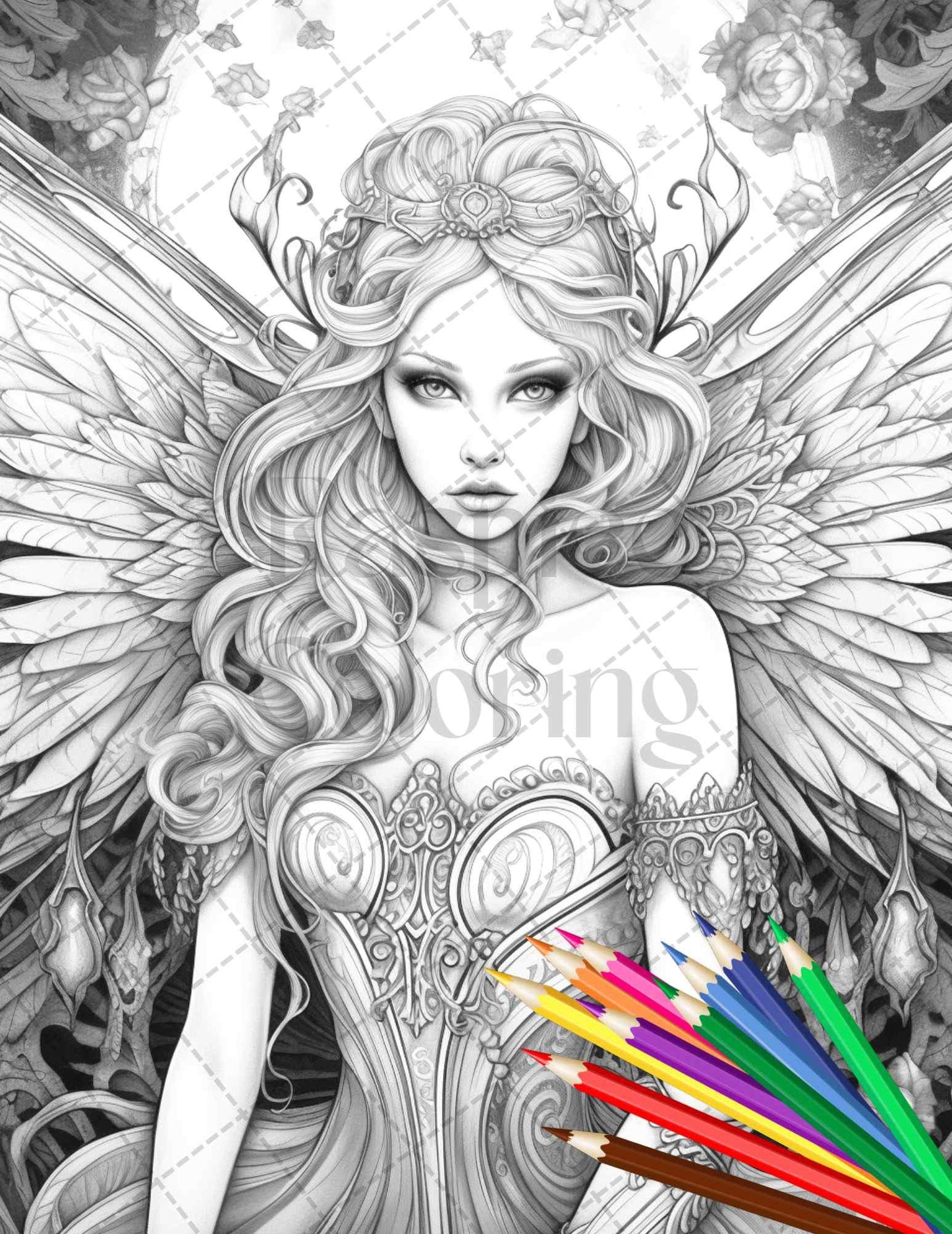 Beautiful Dark Fairy Grayscale Coloring Pages Printable for Adults, PDF File Instant Download