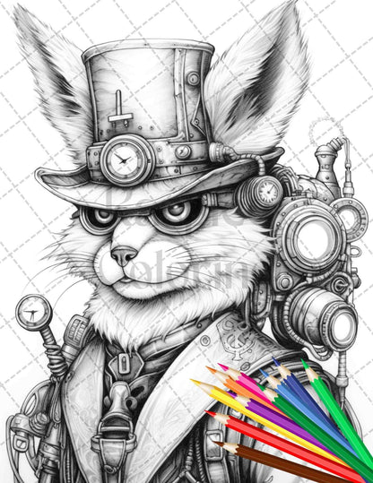60 Steampunk Animals Grayscale Coloring Pages Printable for Adults, PDF File Instant Download