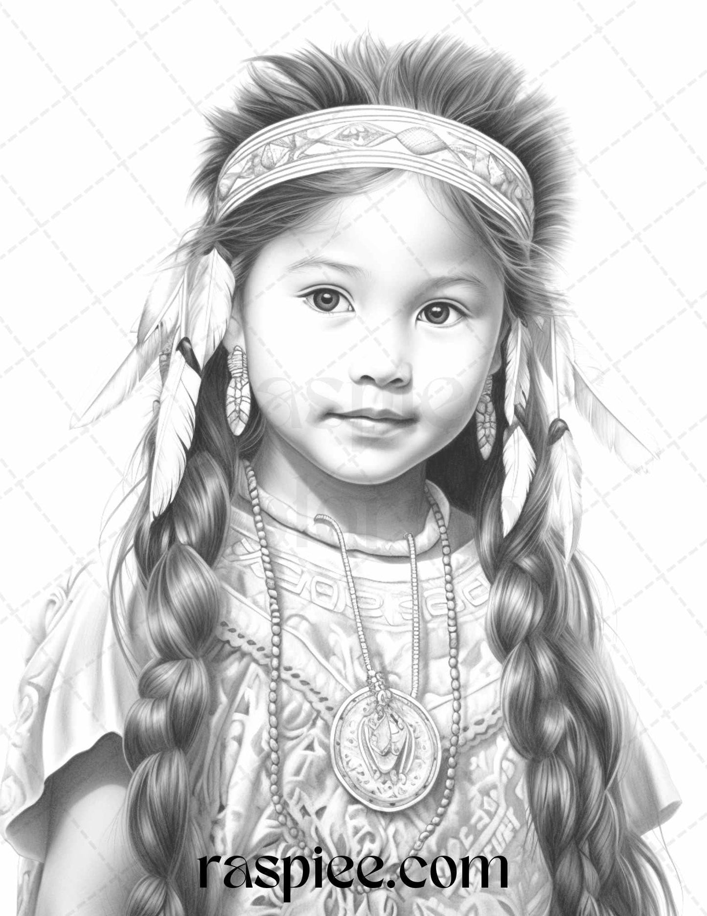 50 Native American Little Girls Boys Grayscale Coloring Pages Printable for Adults Kids, PDF File Instant Download
