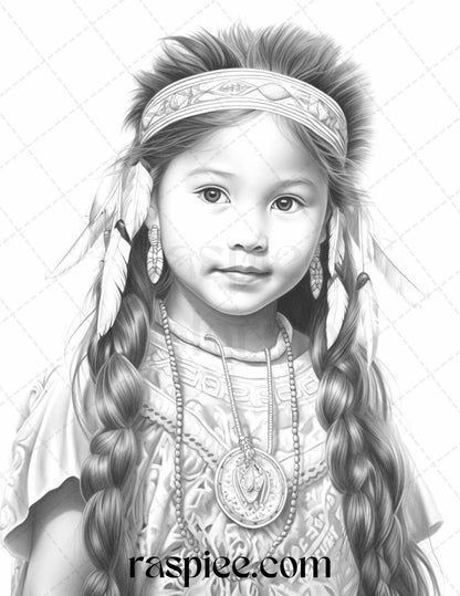 50 Native American Little Girls Boys Grayscale Coloring Pages Printable for Adults Kids, PDF File Instant Download