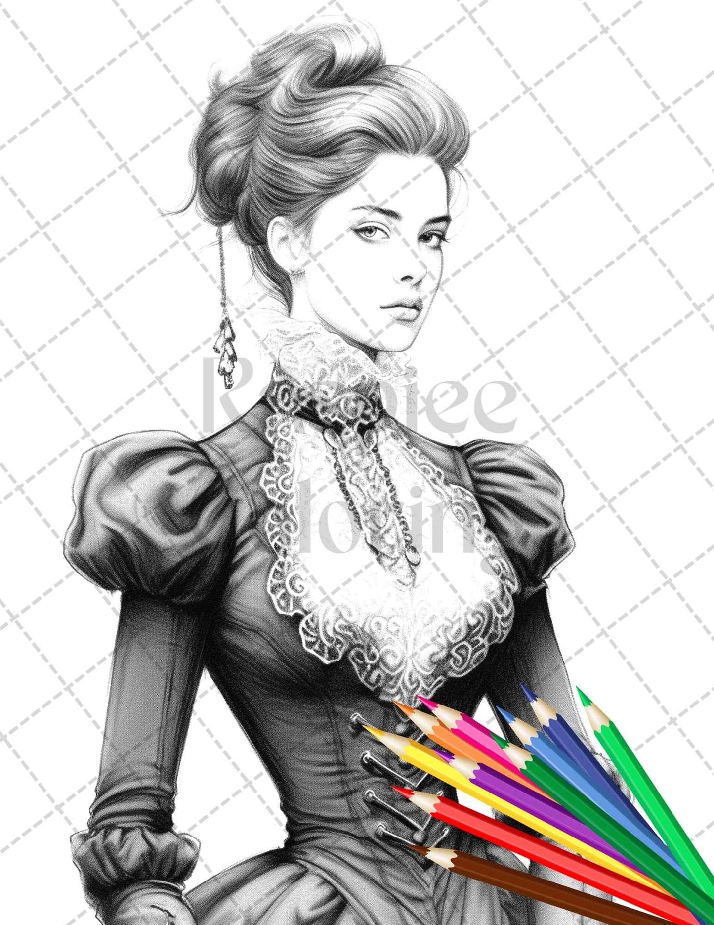 50 Victorian Fashion Grayscale Coloring Pages Printable for Adults, PDF File Instant Download