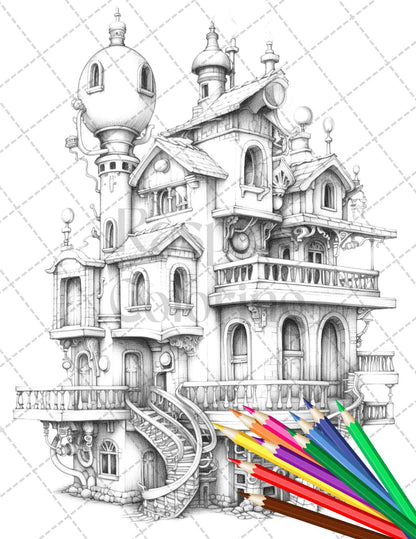 50 Steampunk Houses Grayscale Coloring Pages Printable for Adults, PDF File Instant Download