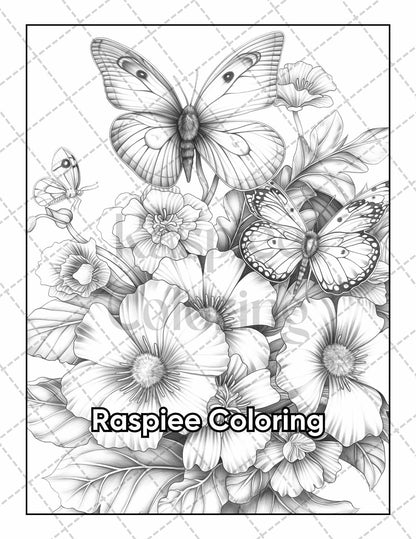 50 Butterflies & Flowers Grayscale Adult Coloring Pages Printable PDF Instant Download