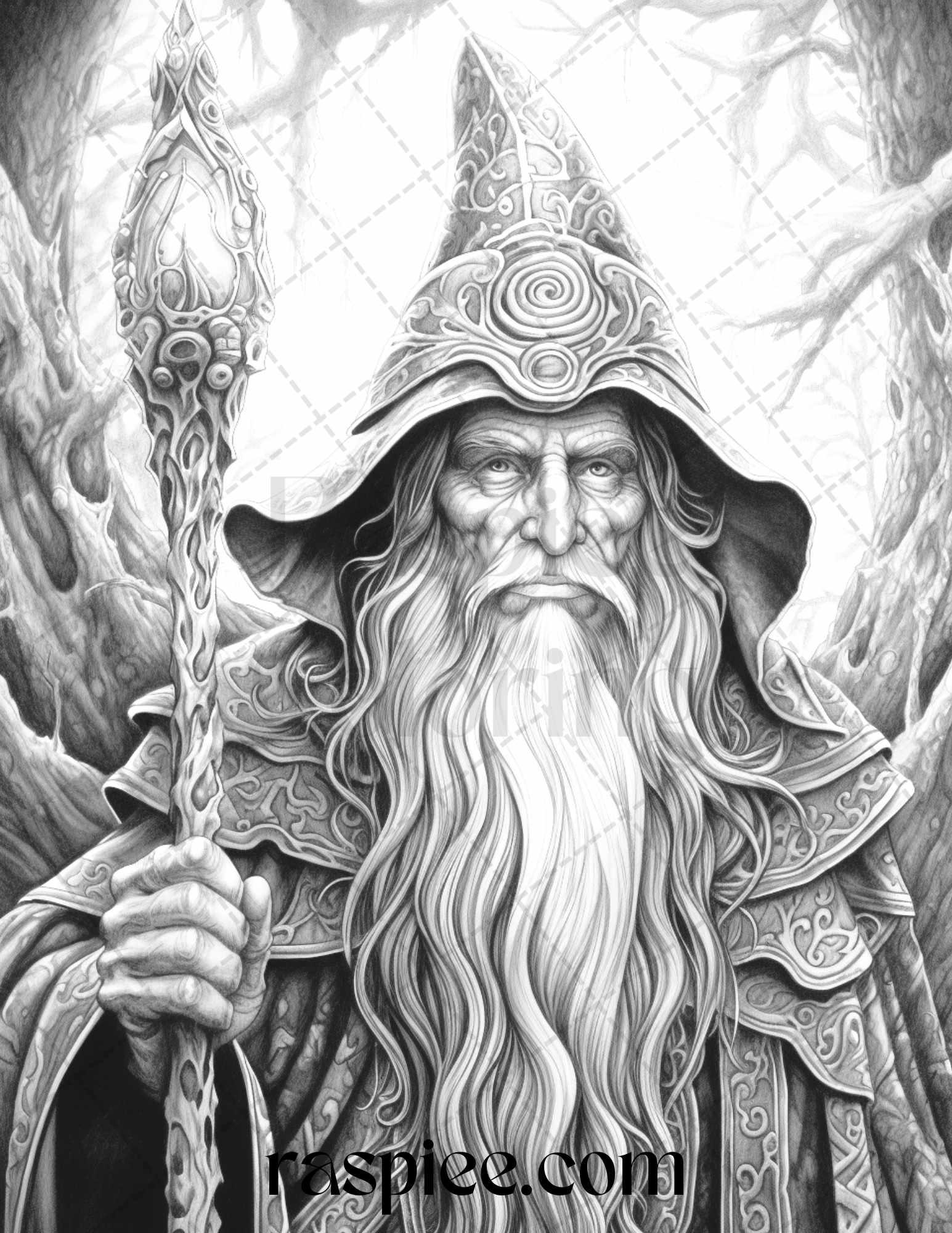 50 Magical Wizard Grayscale Coloring Pages for Adults, Printable PDF File Instant Download