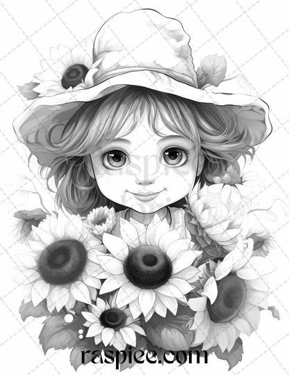 50 Flower Gnomes Grayscale Coloring Pages Printable for Adults Kids, PDF File Instant Download