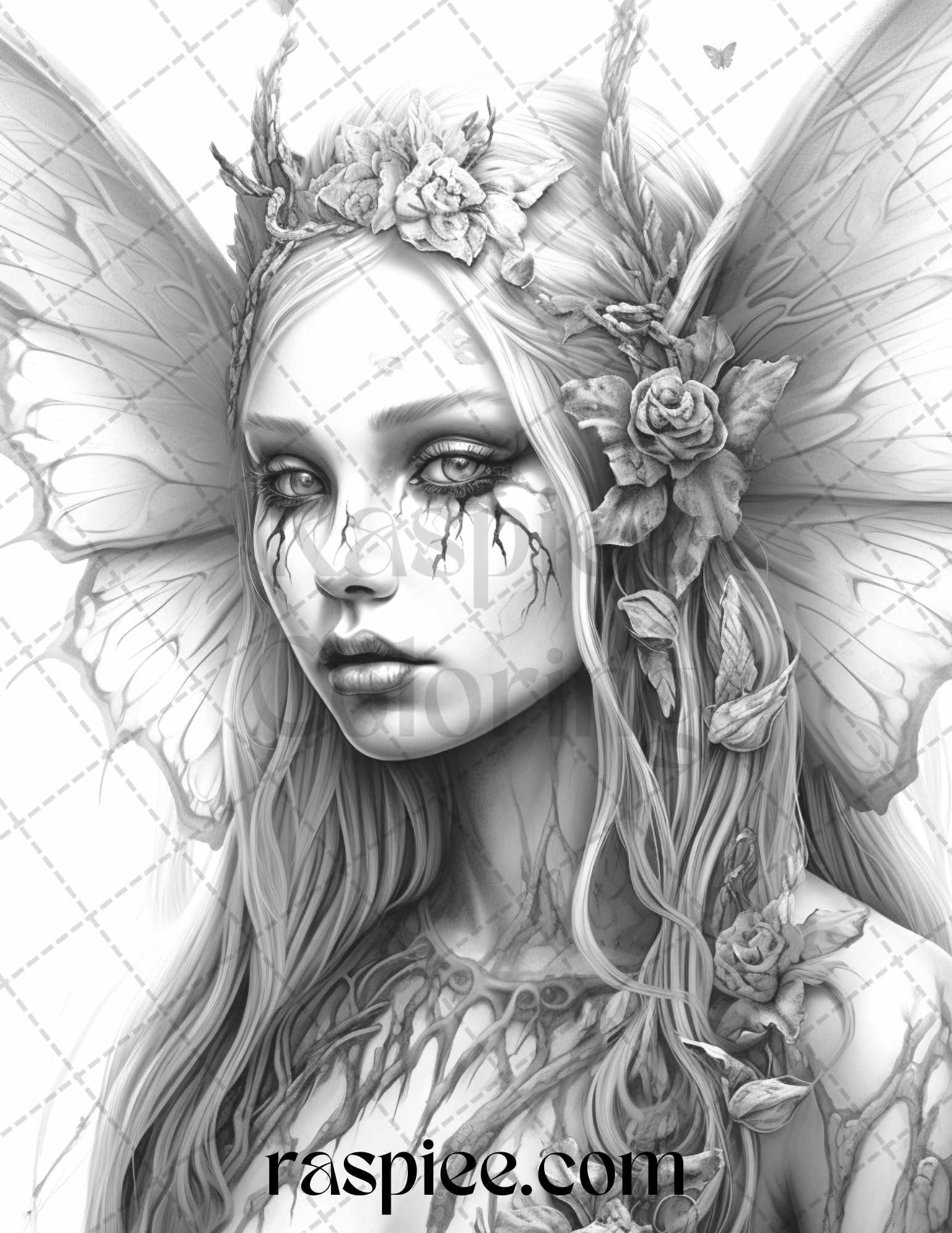 60 Halloween Zombie Fairy Grayscale Coloring Pages Printable for Adults, PDF File Instant Download