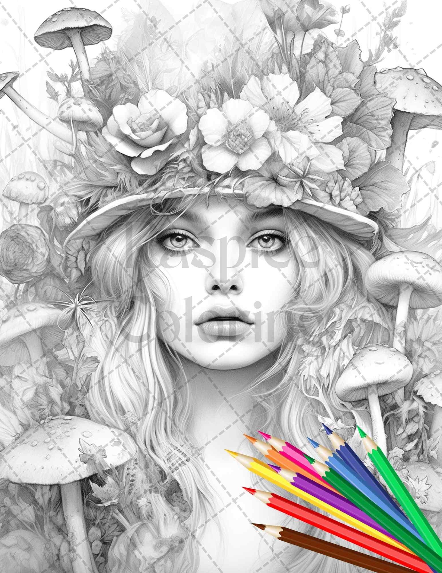 50 Mushroom Fairy Grayscale Coloring Pages Printable for Adults, PDF File Instant Download