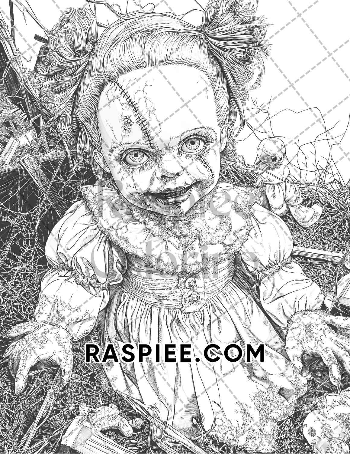 Haunted Dolls Halloween Horror Adult Coloring Pages Printable PDF Instant Download