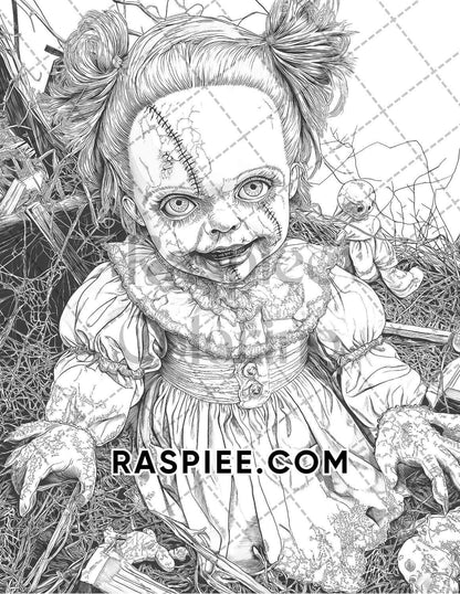 Haunted Dolls Halloween Horror Adult Coloring Pages Printable PDF Instant Download