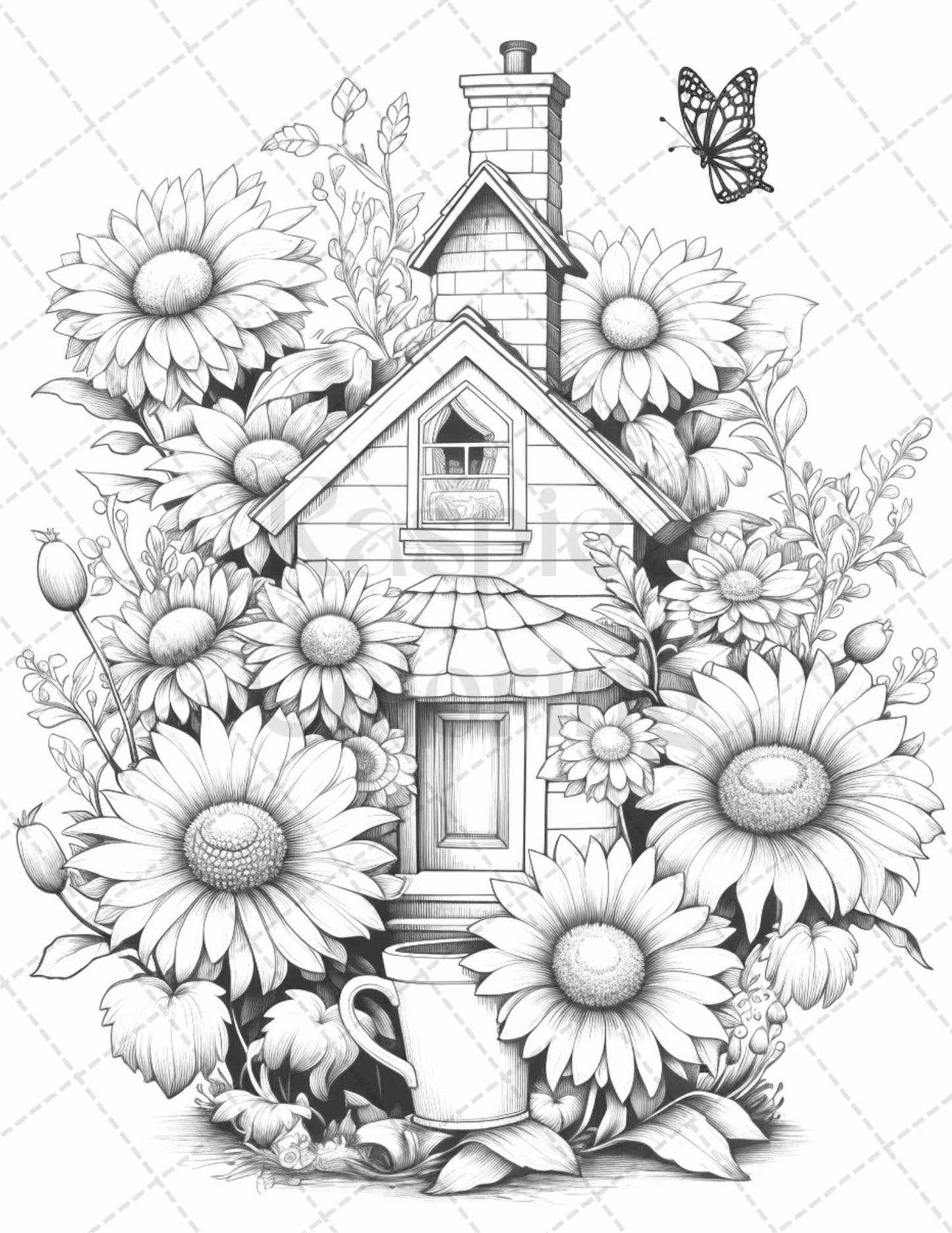 60 Flower Houses Grayscale Coloring Pages Printable for Adults, PDF File Instant Download