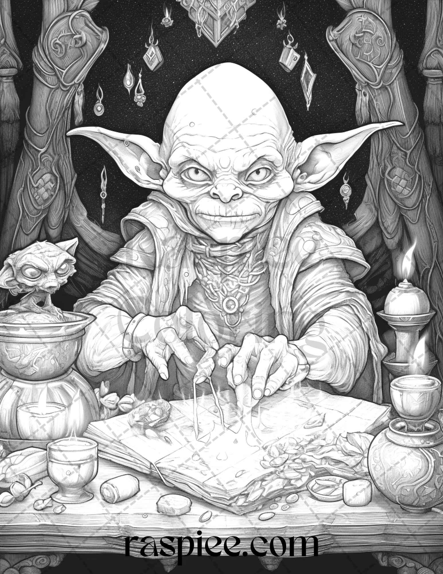 Fantasy Goblins Grayscale Coloring Pages Printable for Adults, PDF File Instant Download
