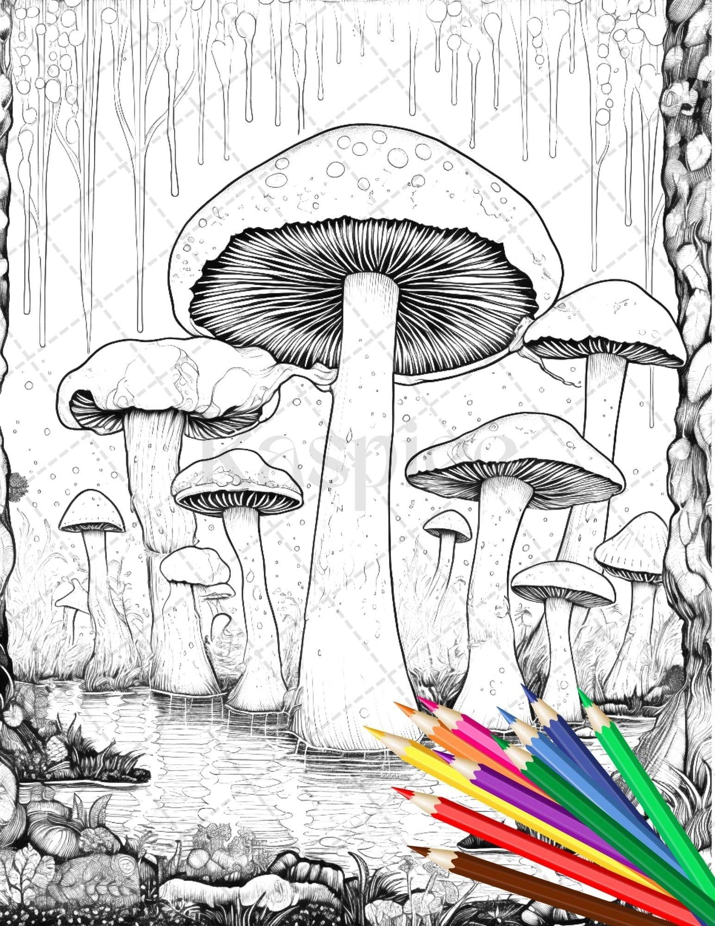 Psychedelic Mushroom Forest Coloring Book Printable for Adults, Trippy Grayscale Coloring Page, PDF File Instant Download